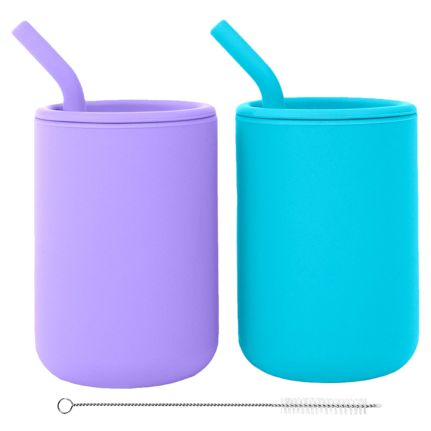 WeeSprout Silicone Baby Cups With Straws and Lids, 4 & 8 oz Options, Set of 2, Food Grade Toddler Training Container, Built In Straw Stoppers, Measurement Markings, Dishwasher Safe + Straw Cleaner