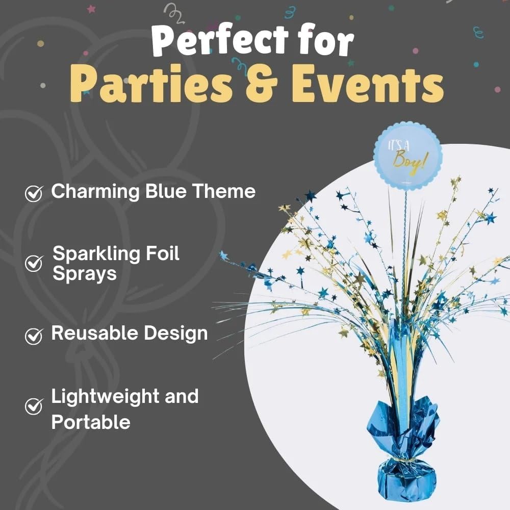Dazzling Foil Spray Centerpiece, 18" (1 Count) - Elegant Table Decor, Perfect for Baby Shower Celebrations, "It's a Boy", Gold & Blue
