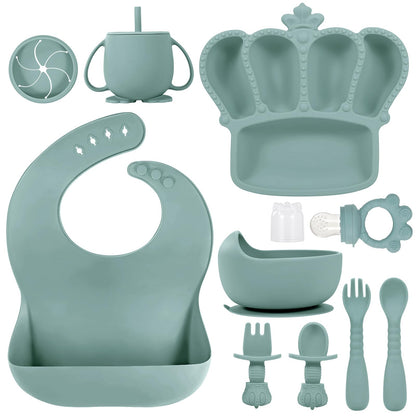 Silicone Baby Feeding Set 10 Pcs Baby Led Weaning Supplies Suction Bowl Divided Plate Baby Bibs Fruit Feeder Baby Spoons Forks Sippy Cup Toddler Utensil Sets Baby Essentials for Newborn Gift