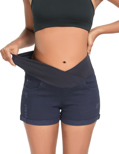 HOFISH Women's Maternity Jeans Shorts Over The Belly Stretchy Comfy Denim Shorts Pants Casual Workout Pregnancy Shorts