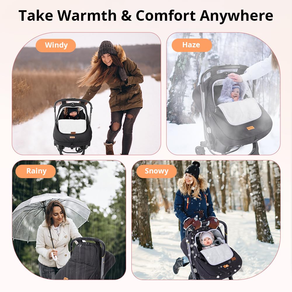 Bioby Winter Baby Car Seat Cover, Infant Car Seat Cover for Boy Girl, Roomy, Cozy, Warm, Waterproof Baby Carseat Covers Canopy with Thickened Fleece Lining, Breathable Hole, Universal Fitted Black