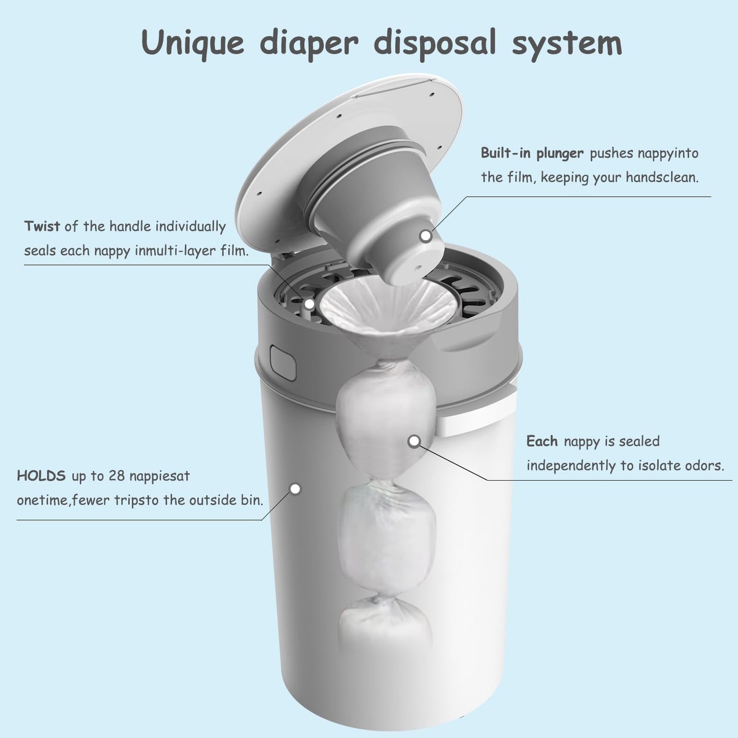 Bellababy Diaper Pail, Upgrade Baby Diaper Bin with Double Odor Locking, Includes 1 Refill (270 inches/pcs), Compact Design for Nursery