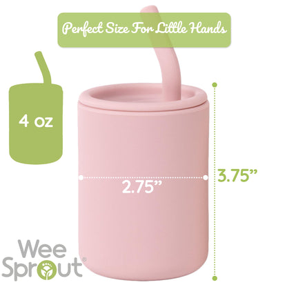 WeeSprout Silicone Baby Cups With Straws and Lids, 4 & 8 oz Options, Set of 2, Food Grade Toddler Training Container, Built In Straw Stoppers, Measurement Markings, Dishwasher Safe + Straw Cleaner
