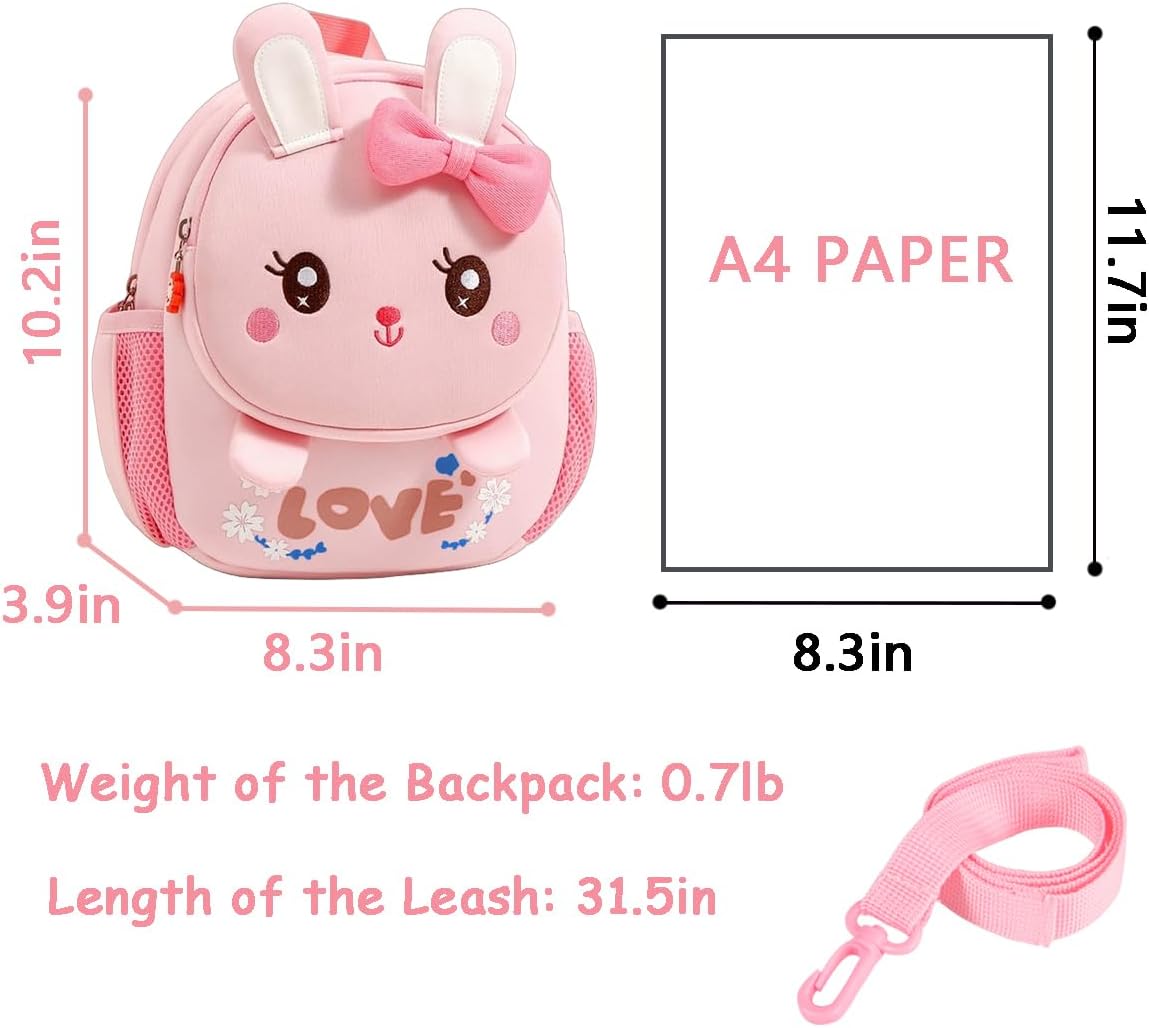 Toddler Backpack Cute Bunny Backpack with Leash and Chest Buckle Mini Kids 3D Cartoon Travel Bag for Girls 3-6