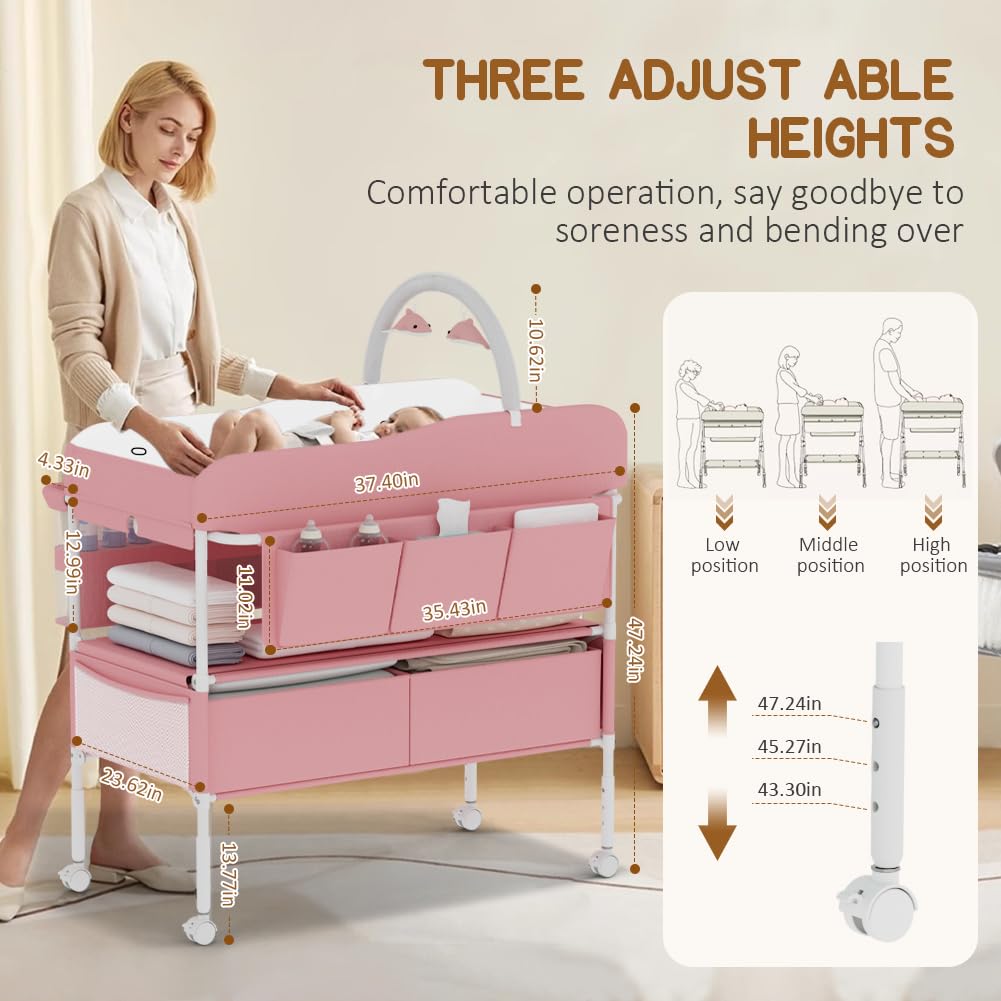 Diaper Changing Station, Portable Changing Table for Baby, Diaper Changing Table with Storage Drawers, Waterproof Baby Changing Station with Wheels and Adjustable Height for Newborn Infant (Pink)