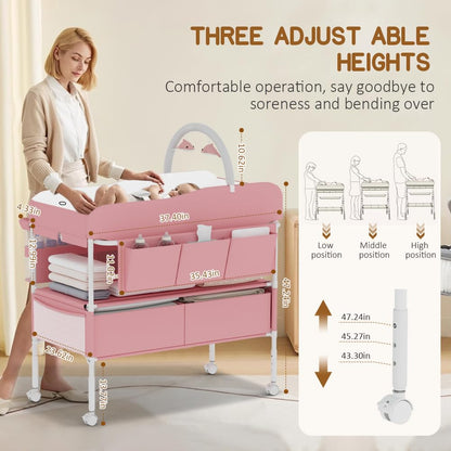 Diaper Changing Station, Portable Changing Table for Baby, Diaper Changing Table with Storage Drawers, Waterproof Baby Changing Station with Wheels and Adjustable Height for Newborn Infant (Pink)