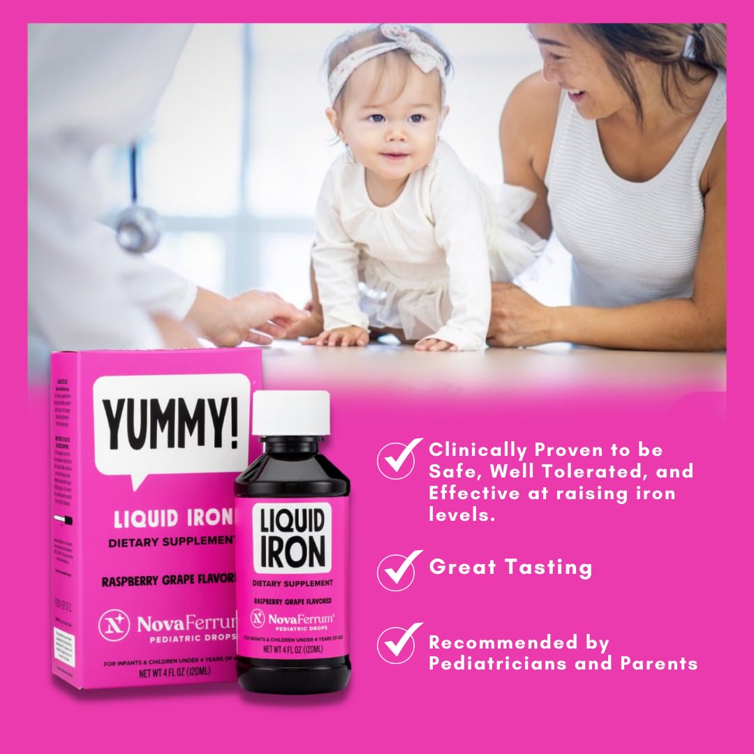 NovaFerrum Yummy | Pediatric Drops Liquid Iron Supplement for Infants and Toddlers | Liquid Iron for Kids | 15mg of Iron Per 1mL Dose | Ages 4 & Under | Gluten Free Certified | Sugar-Free | Raspberry