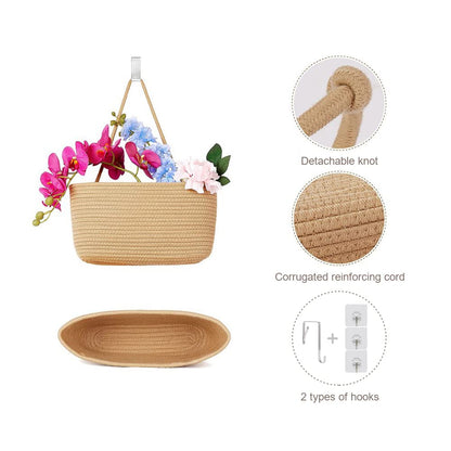 TeoKJ Over the Door Hanging Basket, 3-Tier Woven Cotton Wall-Mounted Storage Organizer Bag Decorative Hanging Nursery Baskets - Jute