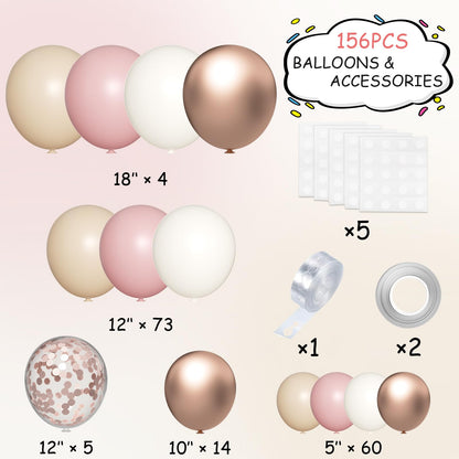 Boho Balloon Garland Arch Kit, 156Pcs Dusty Pink Pastel Brown Metallic Champagne Gold White Balloons for Wedding Baby Bridal Shower Engagement Anniversary Birthday Decorations