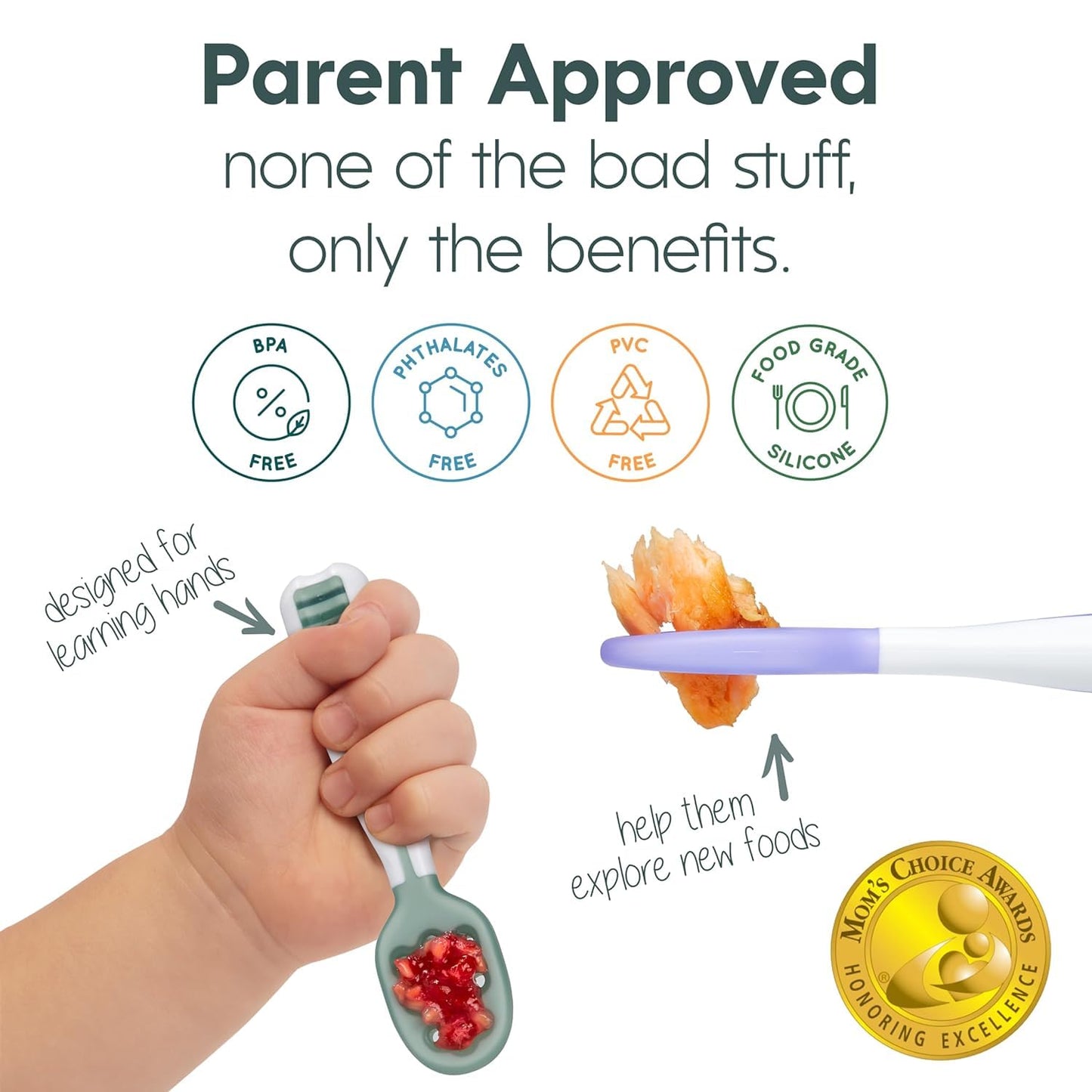 NumNum Baby Spoons Set, Baby Essentials Pre-Spoon GOOtensils for 6+ Months, First Stage Self-Feeding Spoons for Baby Led Weaning (BLW), Silicone Toddler Utensils, BPA-Free, 2 Pack Frosty Lilac/Rosebud