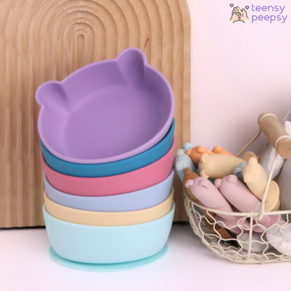 Bear Silicone Baby Bowl Suction Baby Spoon and Fork for Babies 6 months+ Suction Bowls for Baby Utensils 6-12M+ BLW Essentials (Peach Lilac)