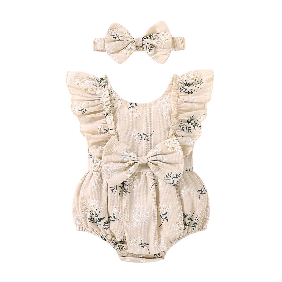 YOUNGER TREE Newborn Baby Girl Clothes Ruffle Sleeve Rompers Infant Backless Floral Jumpsuit Summer Outfits with Headband