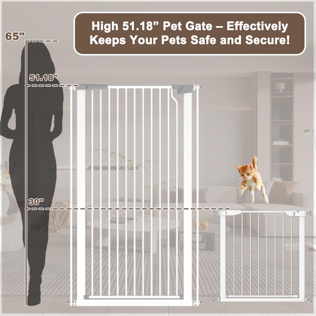 Fairy Baby 51.18" Extra Tall Cat Gate for Doorway, 29.5"-40.5" Extra Wide Pet Gate Dog Barrier Indoor for Cats Dogs, Kid Puppy Dog Gate No Jumping Over & No Climb, Metal Child Safety Proof Gate, Black