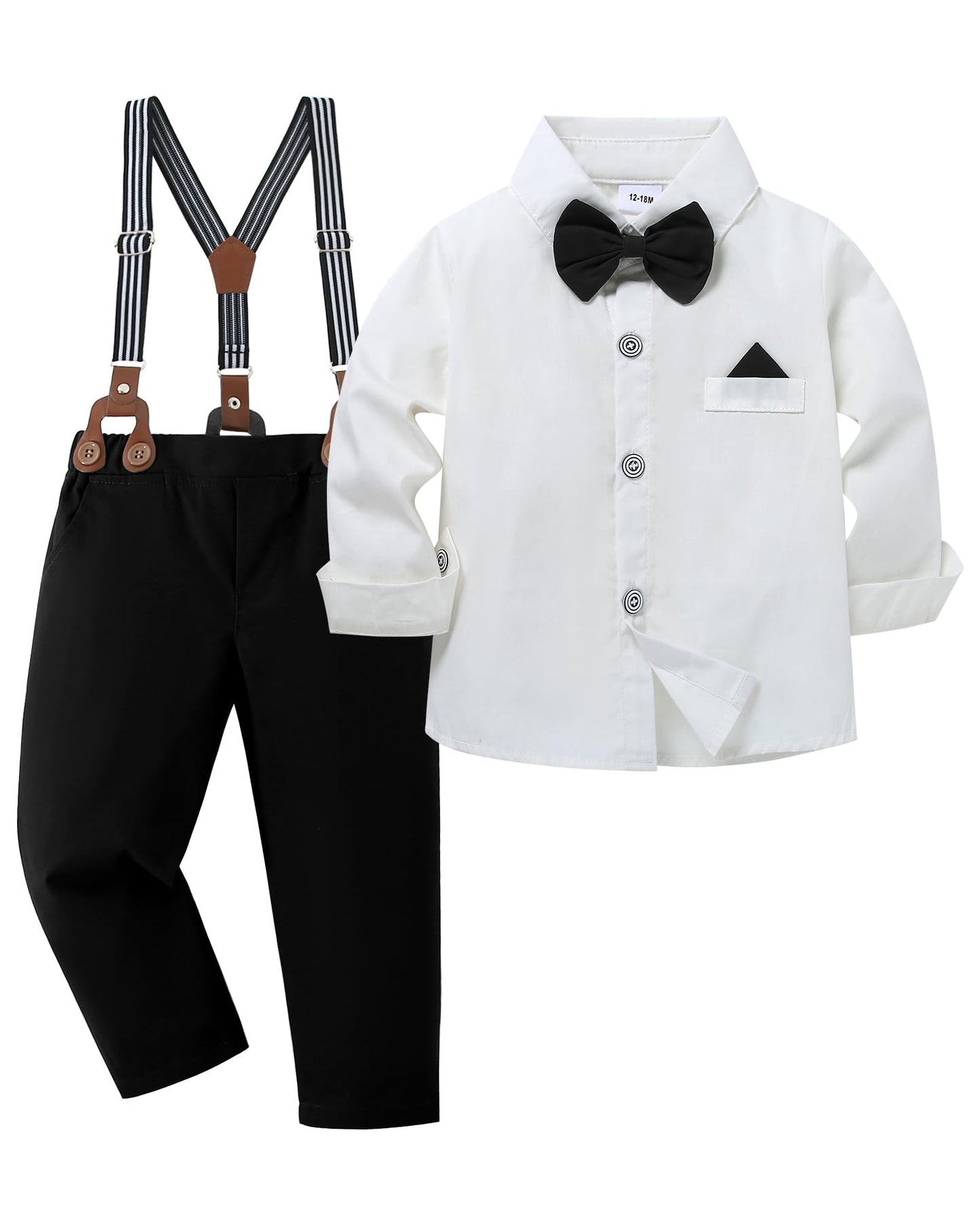 CARETOO Toddler Boy Clothes Suit Gentleman Wedding Outfits Kids Formal Dress Shirt Bowtie Long Suspender Pants Overalls 1-5T