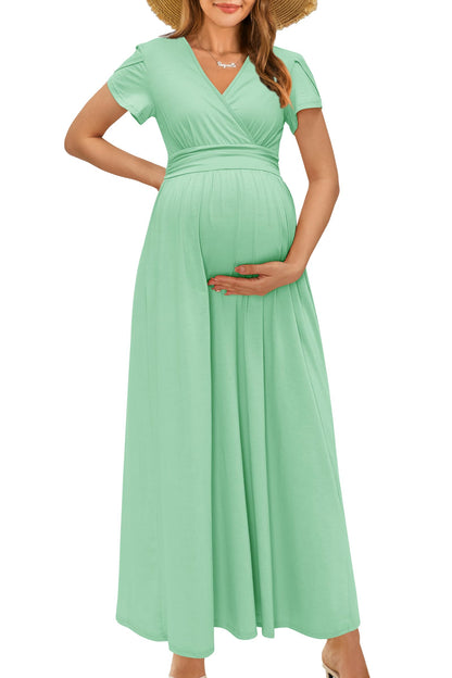 OUGES Maternity Maxi Dress Wrap V Neck Baby Shower Pregnancy Dresses for Photoshoot
