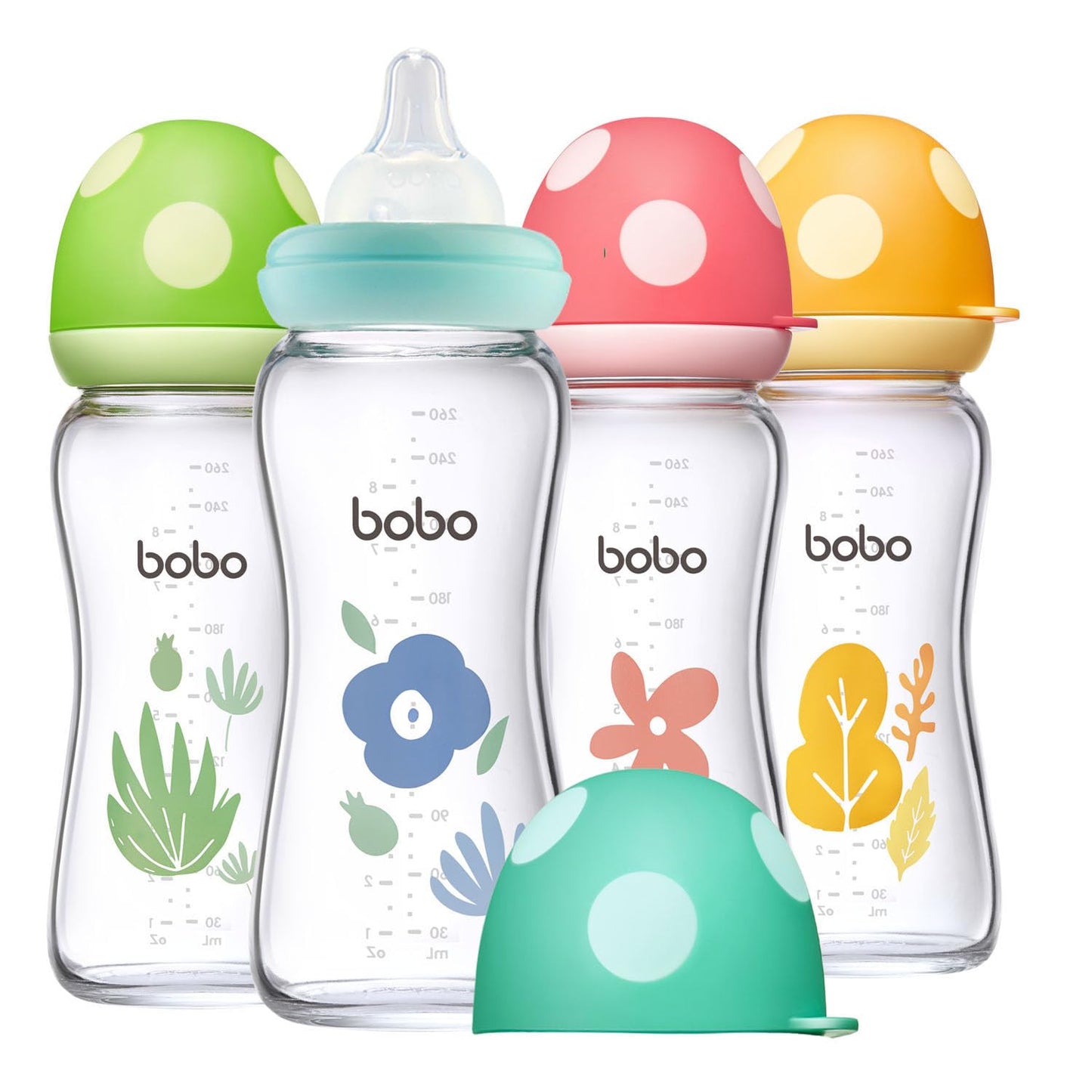 YOHKOH Natural Glass Baby Bottle with Natural Response Nipple, Newborn Anti-Colic Baby Bottles, Wide Neck Mushroom Cap Baby Bottle, Clear (8.8ounce (Pack of 4), Multicolour1)