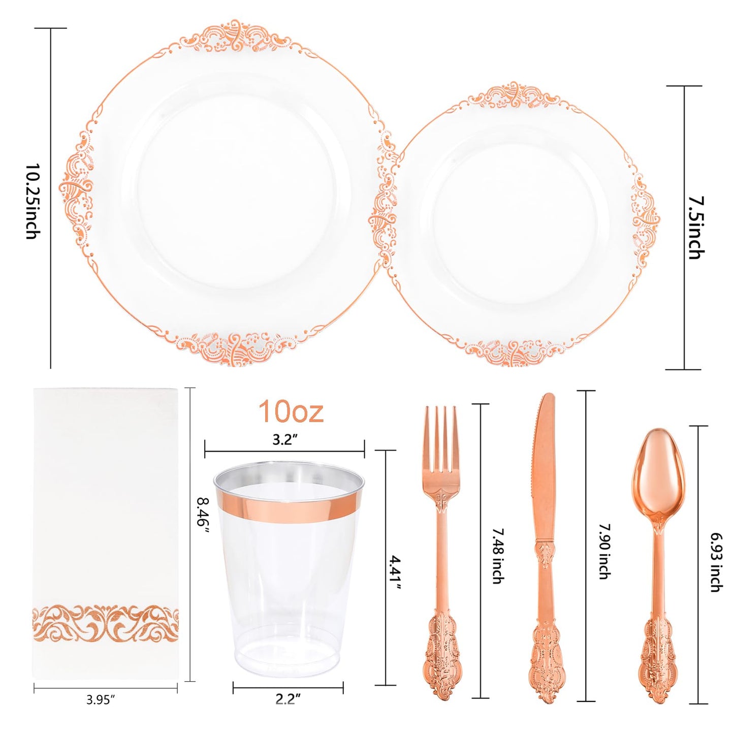 Morejoy 175PCS Rose Gold & Silver Plastic Dinnerware Set: 25 Plates, 25 Forks, 25 Knives, 25 Spoons, 25 Cups, 25 Napkins - Perfect for Wedding & Party