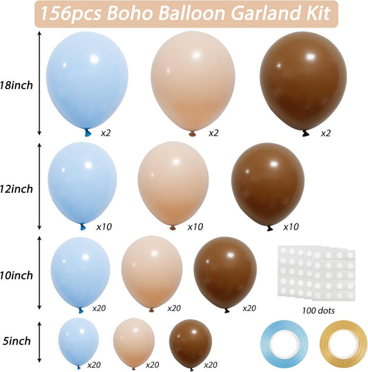 RUBFAC 156pcs Dusty Blue and Brown Balloon Garland Arch Kit, Bear Baby Shower Decoration with Boho Brown Skin Color Blue Balloons for Gender Reveal and Birthday Party Decoration