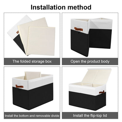Large Toy Storage Box with Lid, Sturdy Toys Storage Chest Bin Organizer Basket with Dividers for Kids, Boys, Girls, Nursery, Closet, Bedroom, Playroom 25"x13" x16" (Beige and White)