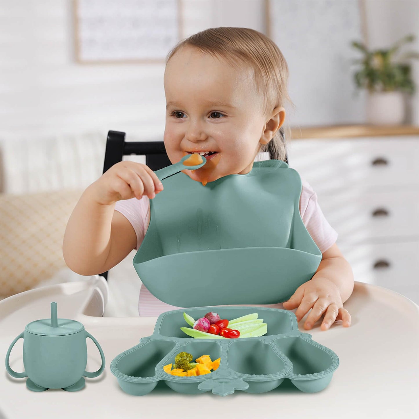 Silicone Baby Feeding Set 10 Pcs Baby Led Weaning Supplies Suction Bowl Divided Plate Baby Bibs Fruit Feeder Baby Spoons Forks Sippy Cup Toddler Utensil Sets Baby Essentials for Newborn Gift