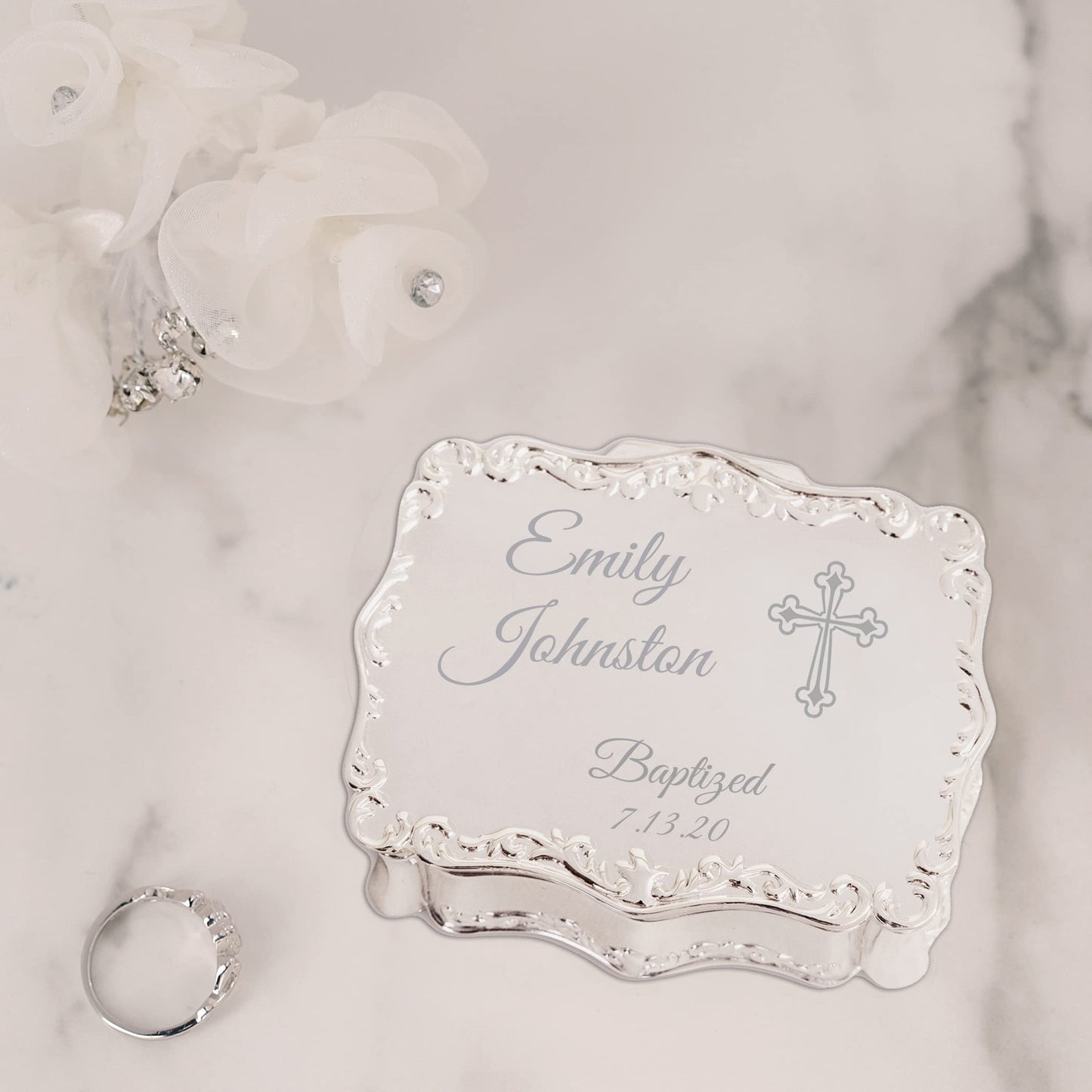 Cherished Moments Personalized Small Rectangle-Shaped Jewelry Keepsake Box with Custom Engraved Name or Initials, Silver Toned
