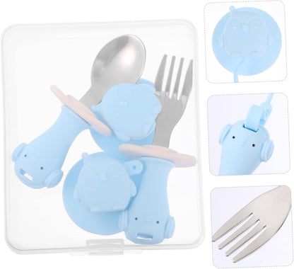 Toddler Fork Spoon Set Baby Cutlery Set Baby Training Utensils Anti-drop Rope Suction Cup 2 Pieces