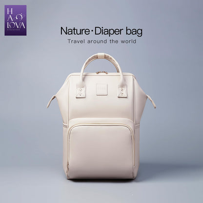 HaloVa Diaper Bag, Leather Backpack Eco-Friendly Leather Daddy Mommy Baby Bag with 24L Capacity & Multiple Pockets