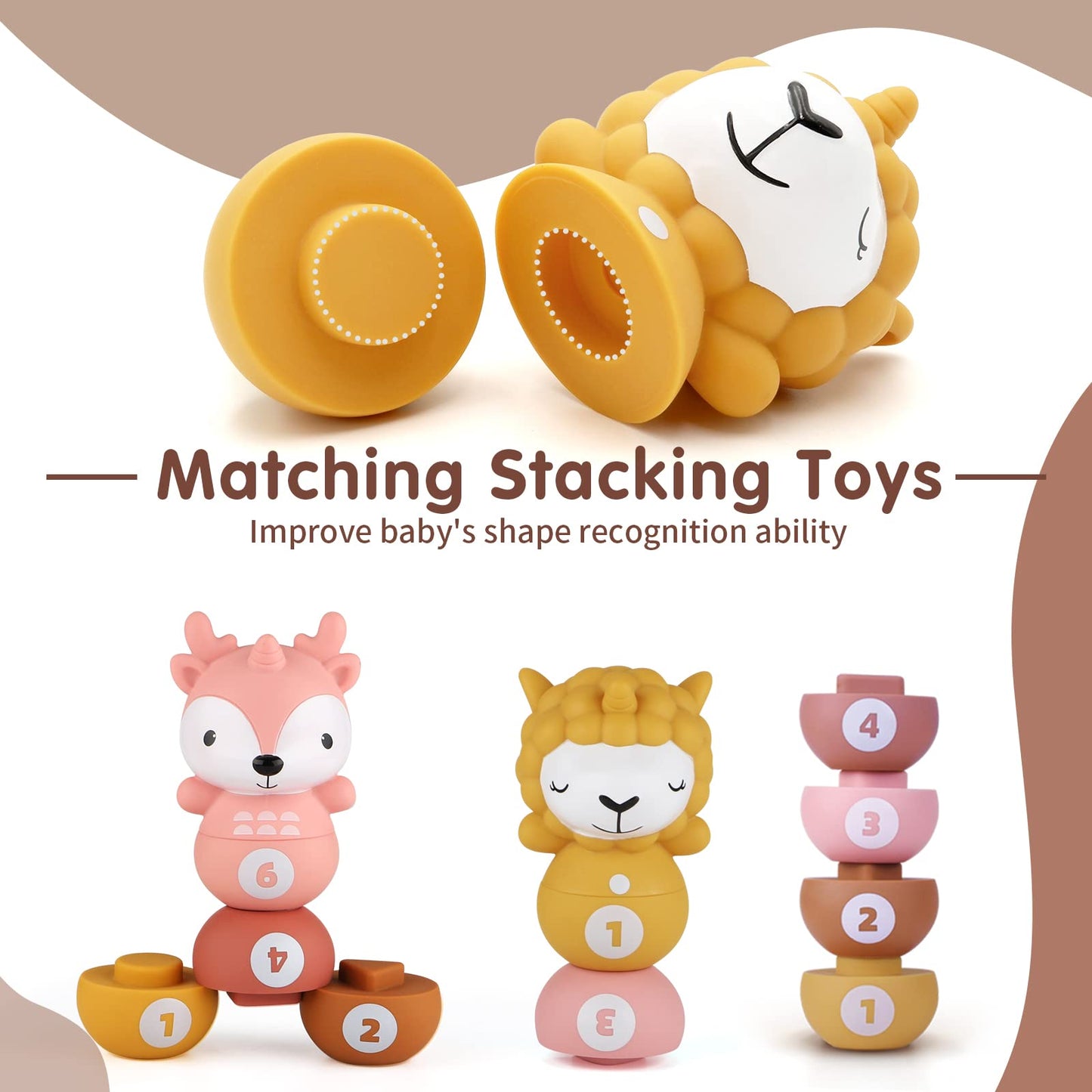 Nueplay 13 Pcs Building Circle & Blocks, Stacking & Nesting Baby Toys with Horse Figure, Newborn Essentials Squeeze Teething Toy Gifts for 6 12 18 Months Baby Toddler Girls