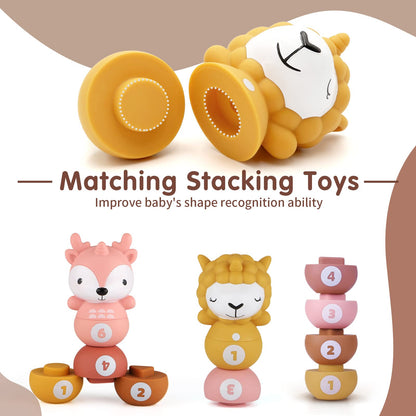 Nueplay 13 Pcs Building Circle & Blocks, Stacking & Nesting Baby Toys with Horse Figure, Newborn Essentials Squeeze Teething Toy Gifts for 6 12 18 Months Baby Toddler Girls