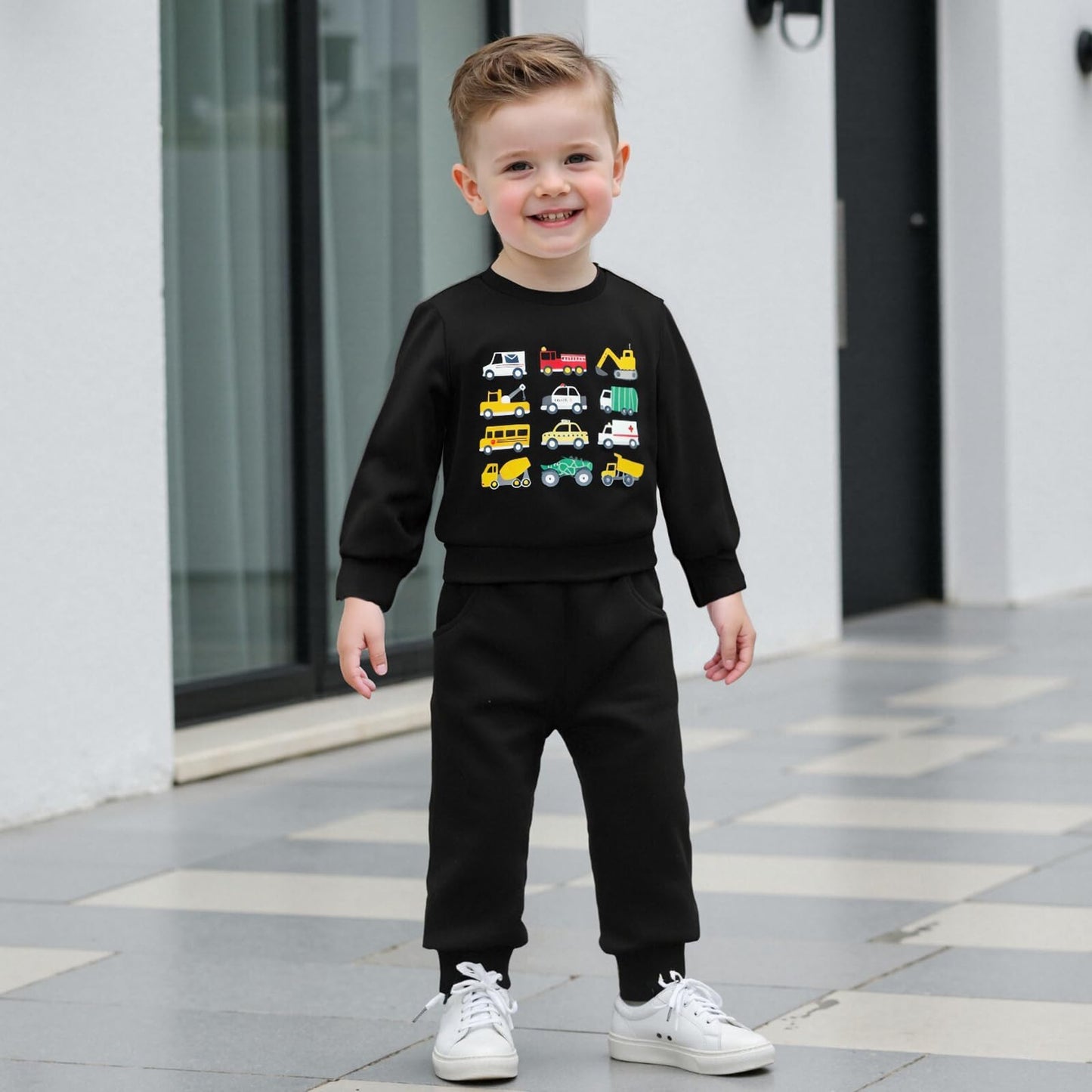 Fernvia Baby Boy Fall Winter Clothes Toddler Kids Solid Outfits Vehicle Long Sleeve Sweatshirt Tops + Joggers Pants Set