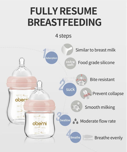 Glass Baby Bottles,Anti Colic Breastfeeding Bottle with Natural Response Nipple Size S,Wide Neck Slow Flow Baby Bottle for Baby,Newborn,Preemie 0-3 0-6 Month,BPA Free (Pink, 1 Pack, 4 Ounce)