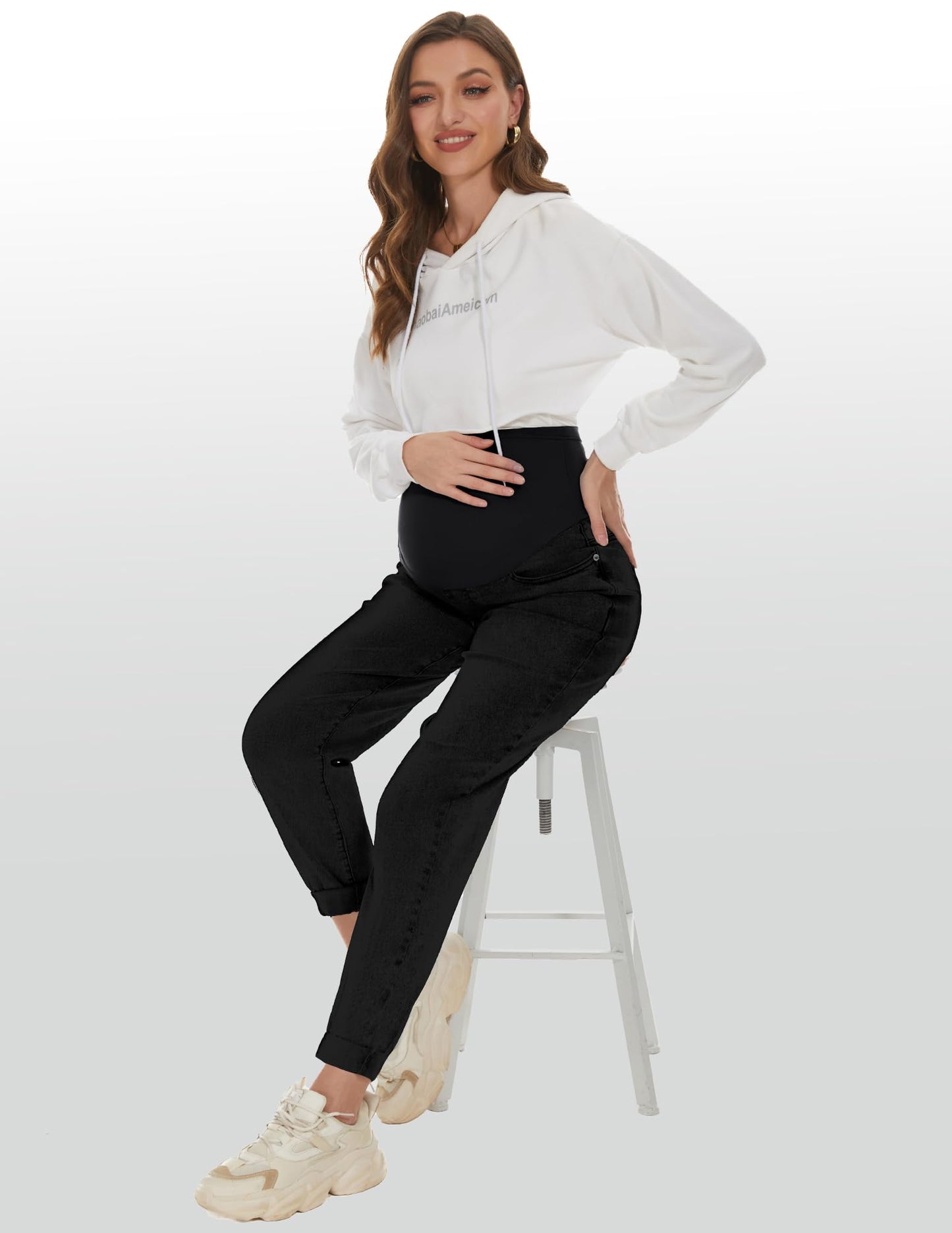 POSHGLAM Women's Maternity Jeans Over Belly Comfy Stretch Boyfriend Jeans Loose Pregnancy Pants, S-XXL