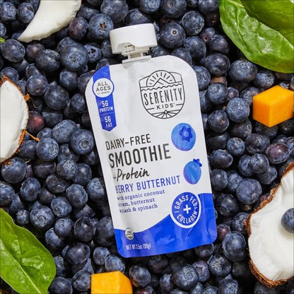 Serenity Kids 6+ Months Dairy-Free Smoothie Baby Food | USDA Organic | Grass Fed Collagen Protein | 3.5 Ounce BPA-Free Pouch | Berry Butternut | 12 Count