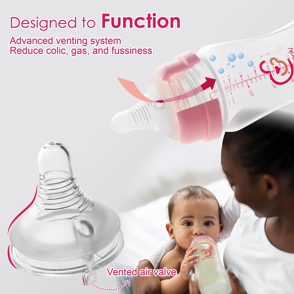Nenesupply Natural Baby Bottles Newborn Feeding Bottles Slow Flow Breastfeeding Bottle for Breastfed Babies Wide Neck 9oz Anti Colic Level 2 Nipple for 1+ Month Infant Replace Spectra Bottle Pumping