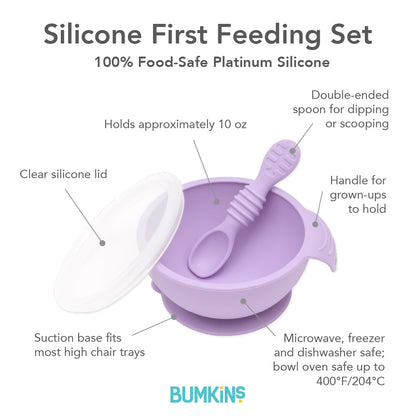 Bumkins Baby Bowls, Disney Minnie Mouse Silicone Baby Feeding Set, Suction Bowls for Baby and Toddler with Spoon, First Feeding Set, Platinum Silicone Bowl for Babies 4 Months