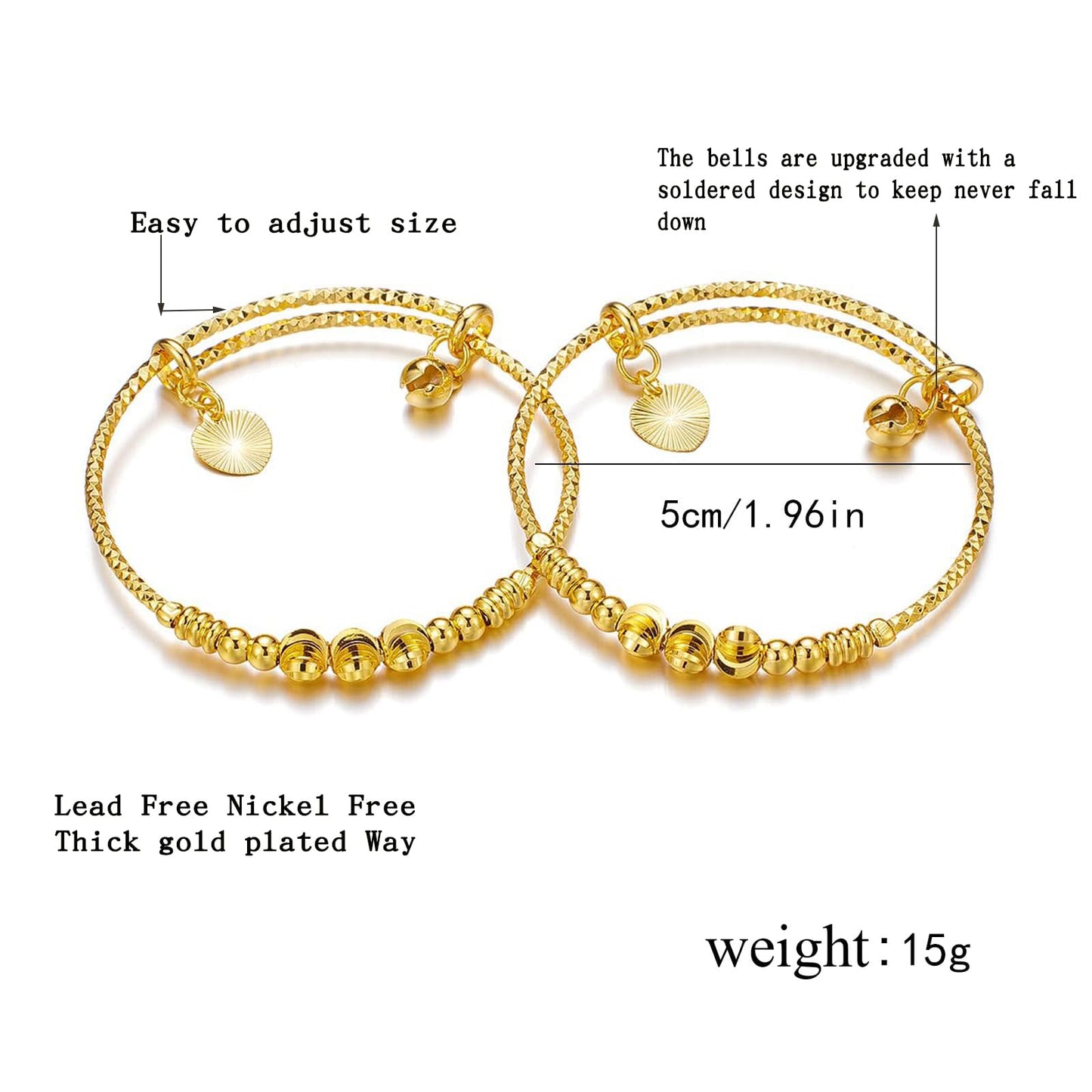 Ethlyn 2Pcs/Lot Kids Jewelry Gold Plated Adjustable Beads Bracelet Bangle Birthday Christmas Gifts for Girls 4years old