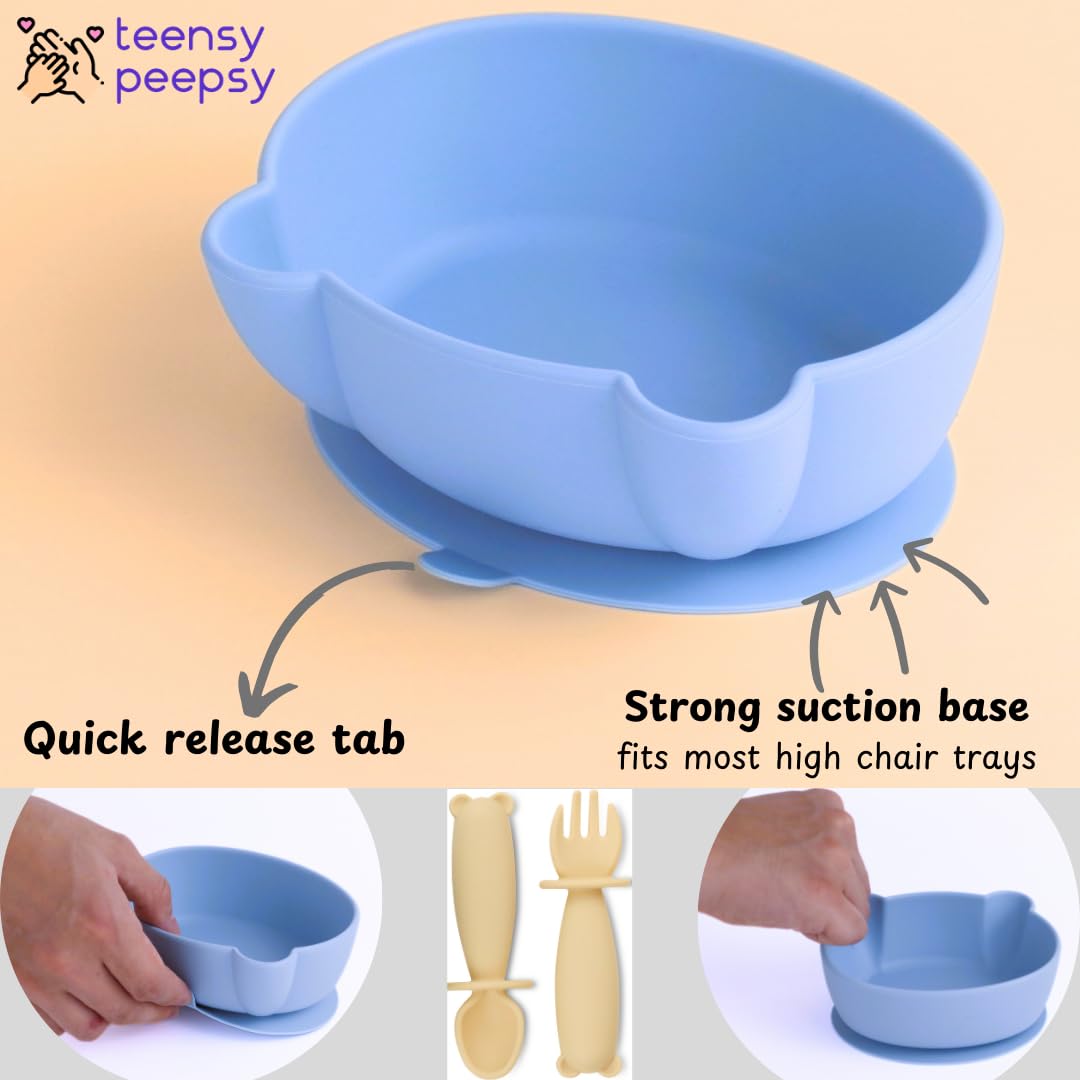 Bear Silicone Baby Bowl Suction Baby Spoon and Fork for Babies 6 months+ Suction Bowls for Baby Utensils 6-12M+ BLW Essentials (Peach Lilac)