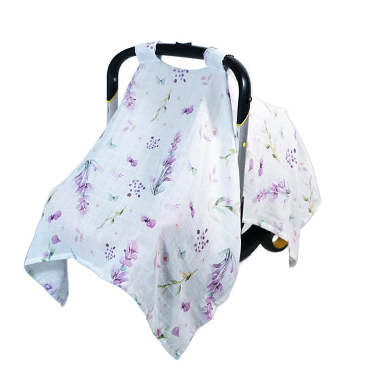 100% Muslin Summer Baby Car Seat Cover, Universal Fit Infant Car Seat Canopy, Breathable & Lightweight Sun, Weather Protection for Boys & Girls