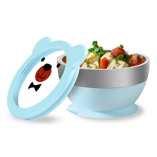 Suction Bowl and Spoon Set for Babies and Toddlers Non-Slip Silicone Suction Cups, Advanced 304 Stainless Steel Bowls, Double-Layer Insulation, and BPA-Free Lids Food-Grade Safety BLUE