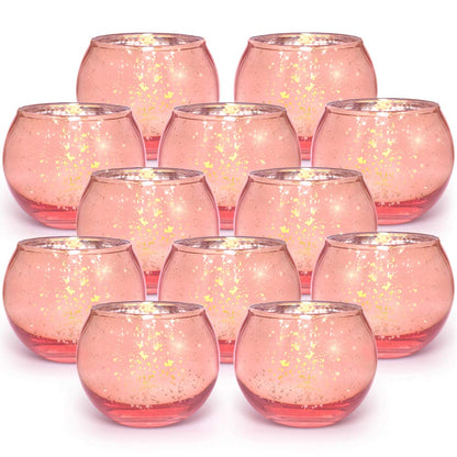 Volens Round Blue Votive Candle Holders Set of 12, Blue Wedding Centerpiece Table Decorations, Mercury Glass Tealight Candle Holder for Bridal Shower, Baby Shower & Home Decor