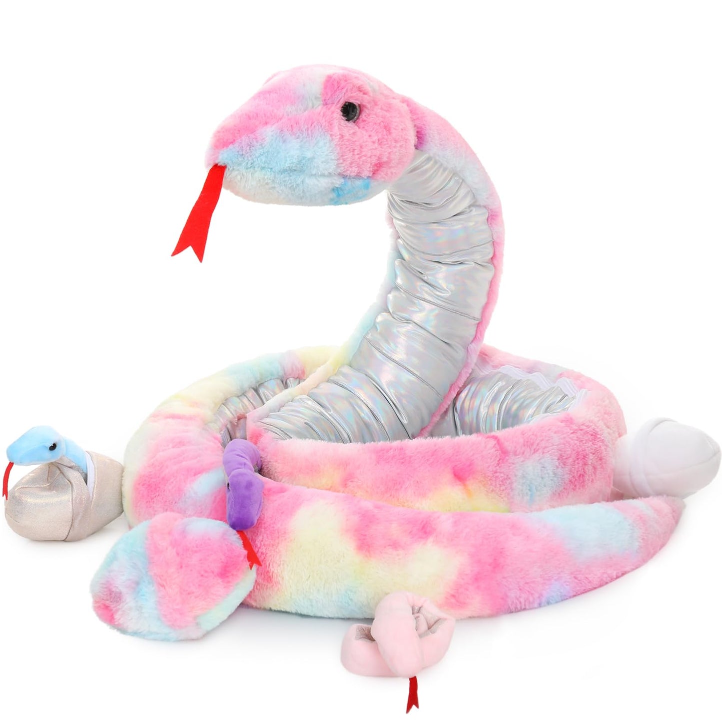 MorisMos Snake Stuffed Animals Plush Toy 120 Inch Giant Snake Plush with Babies Stuffed Snake Toys for Kids Plush Party Decorations Favors Prank Props, 4 Snake Babies, 3 Snake Eggs