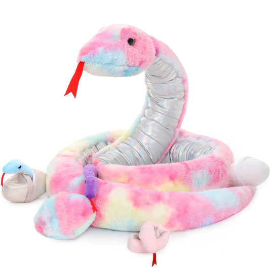 MorisMos Snake Stuffed Animals Plush Toy 120 Inch Giant Snake Plush with Babies Stuffed Snake Toys for Kids Plush Party Decorations Favors Prank Props, 4 Snake Babies, 3 Snake Eggs