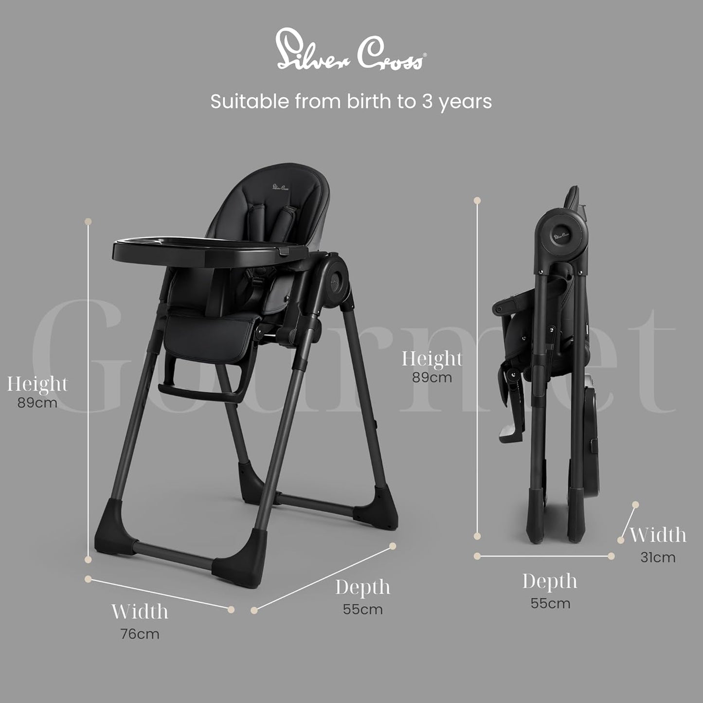 Silver Cross Gourmet High Chair for Babies and Toddlers - Portable Lightweight Baby High Chair for Newborns to 3 Years - Foldable Toddler Chair, Easy to Clean, with Deep Recline & 7 Height Positions