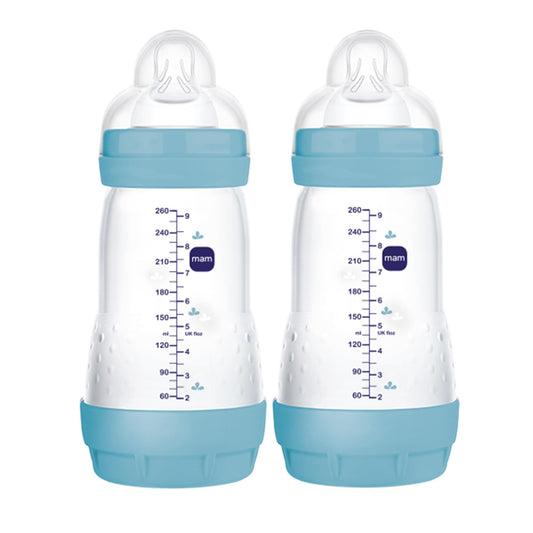 MAM 9oz Easy Start Anti-Colic Baby Bottles, Medium Flow, Breastfeeding-Like Silicone Nipple Bottle, Reduces Colic, Gas, & Reflux, Easy-to-Clean, BPA-Free, Colors May Vary