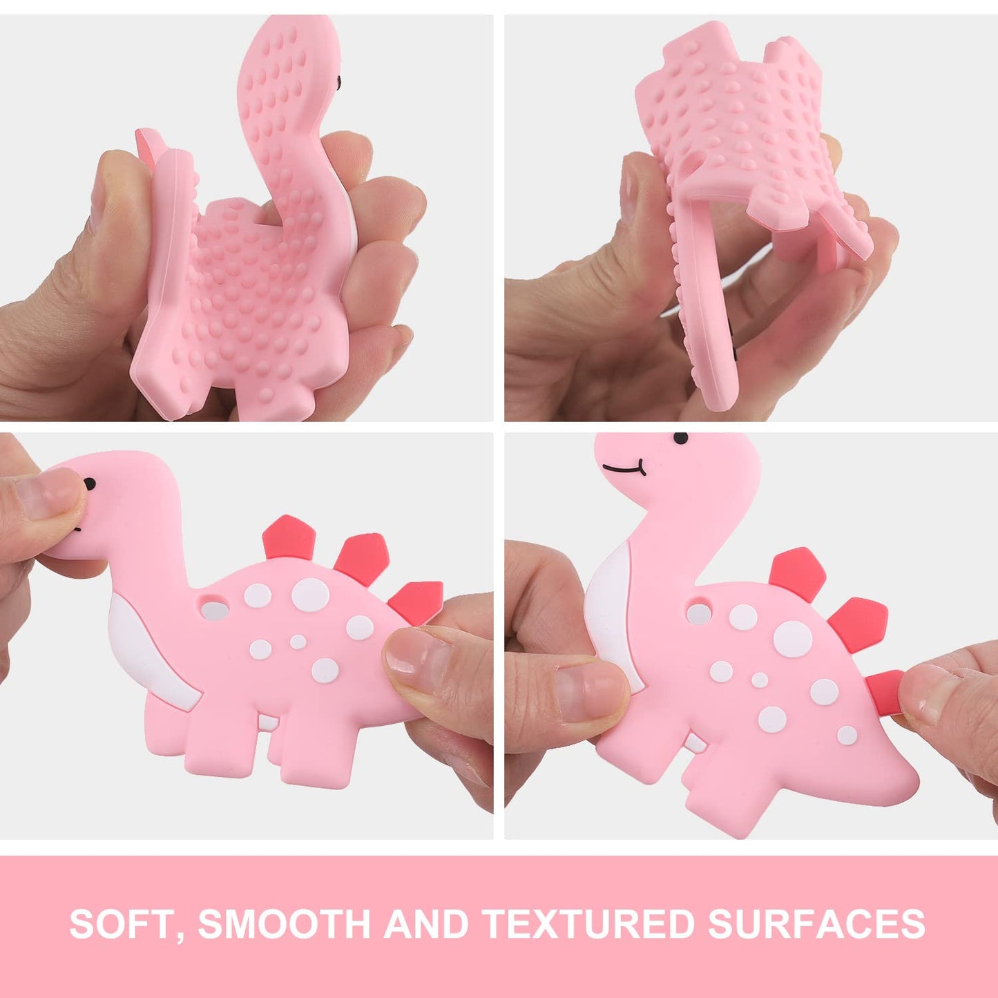 Baby Teething Toys for Babies 3-6 6-12 Months, Dinosaur Teether Pain Relief Toy with One Piece Design Pacifier Clip Holder Set, Freezer Safe Neutral Shower Gift for Boys and Girls (Pink)