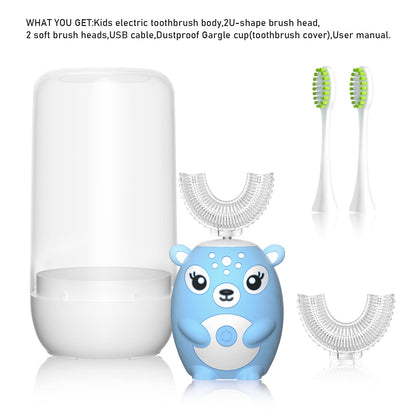 Kids Electric Toothbrush U Shaped Toddler Auto Sonic Toothbrushes with 5 Brush Head,Cartoon Dinosaur Ultrasonic Toothbrushes for Children 2-12 Years,360° Full Mouth Cleaning Automatic