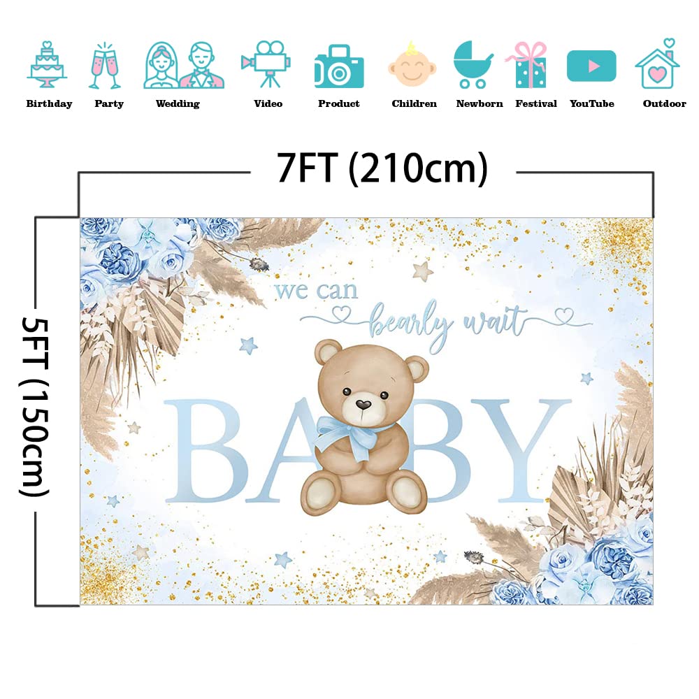 Mocsicka Girl Bear Backdrop Pink Boho Pampas Grass Background We Can Bearly Wait Baby Shower Party Cake Table Decoration Photo Booth Props (7x5ft)