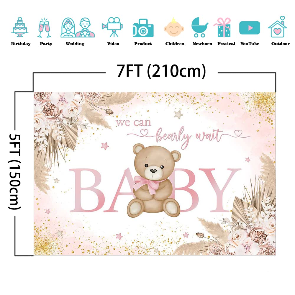 Mocsicka Girl Bear Backdrop Pink Boho Pampas Grass Background We Can Bearly Wait Baby Shower Party Cake Table Decoration Photo Booth Props (7x5ft)