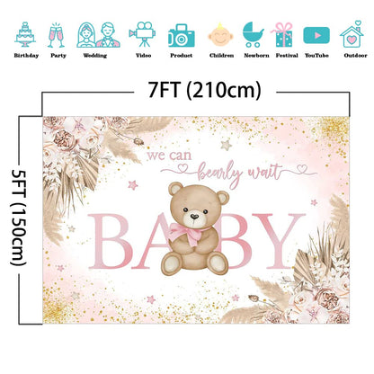 Mocsicka Girl Bear Backdrop Pink Boho Pampas Grass Background We Can Bearly Wait Baby Shower Party Cake Table Decoration Photo Booth Props (7x5ft)