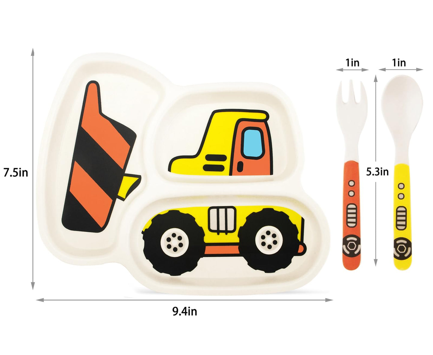 Kids Plate Set, Included Fork and Spoon 3-Piece Set - Toddler Dinnerware Dinner Dish Set - Baby Feeding Divided Plate - Child Portion Control Dish Tray (Excavators)